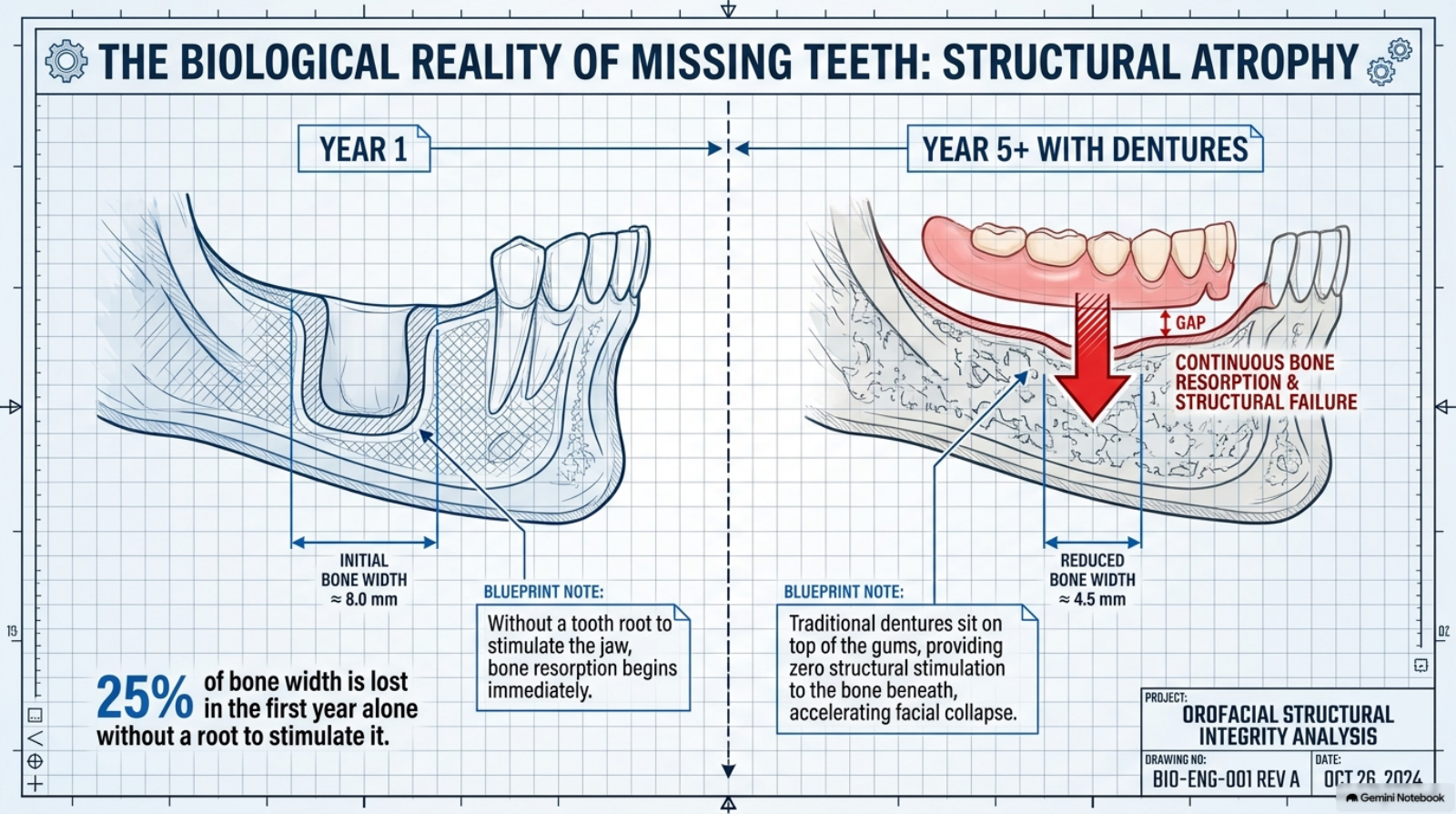 Slide 2: The biological reality of missing teeth — structural atrophy of the jawbone