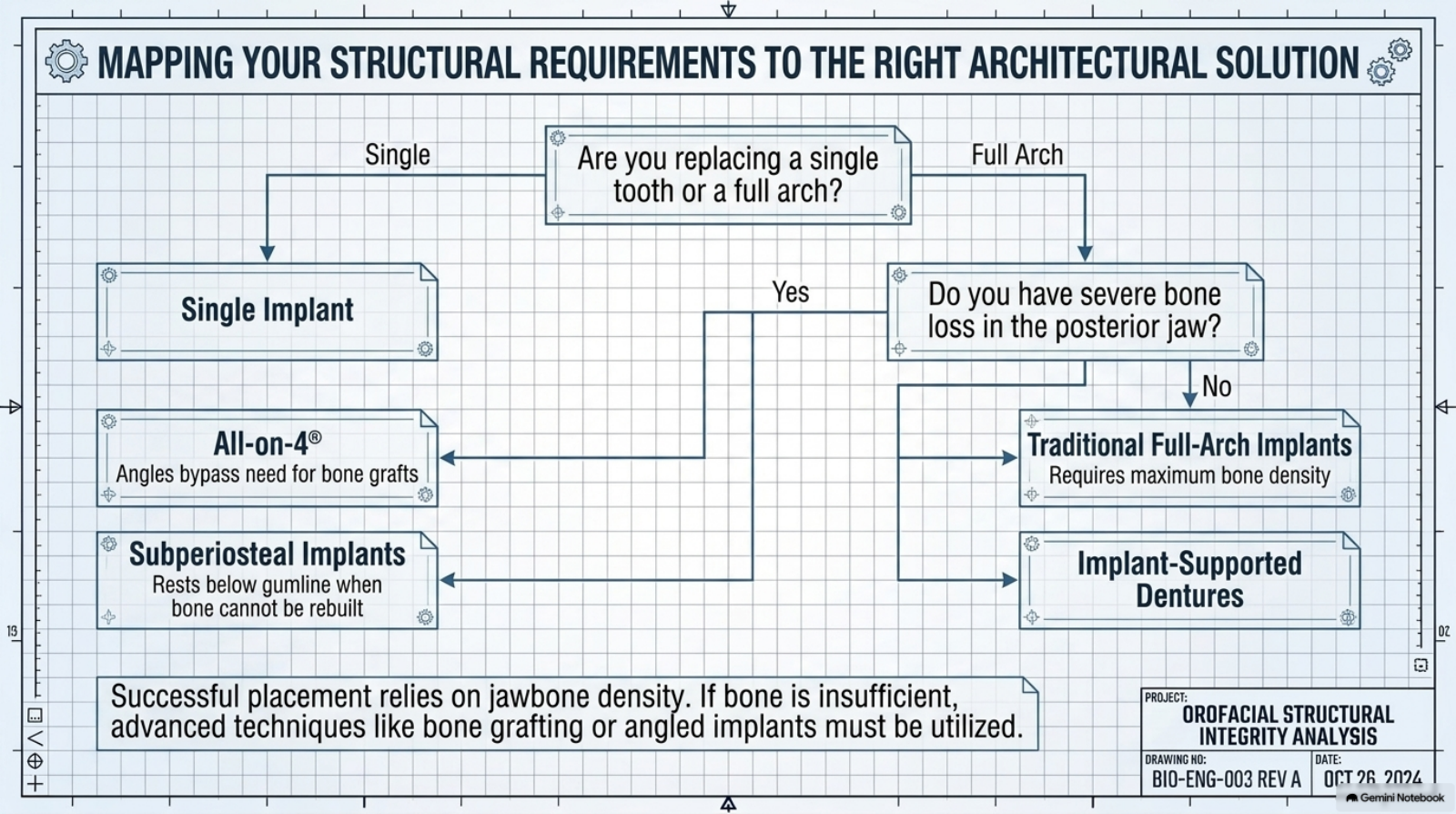 Slide 4: Decision flowchart mapping structural requirements to implant solutions