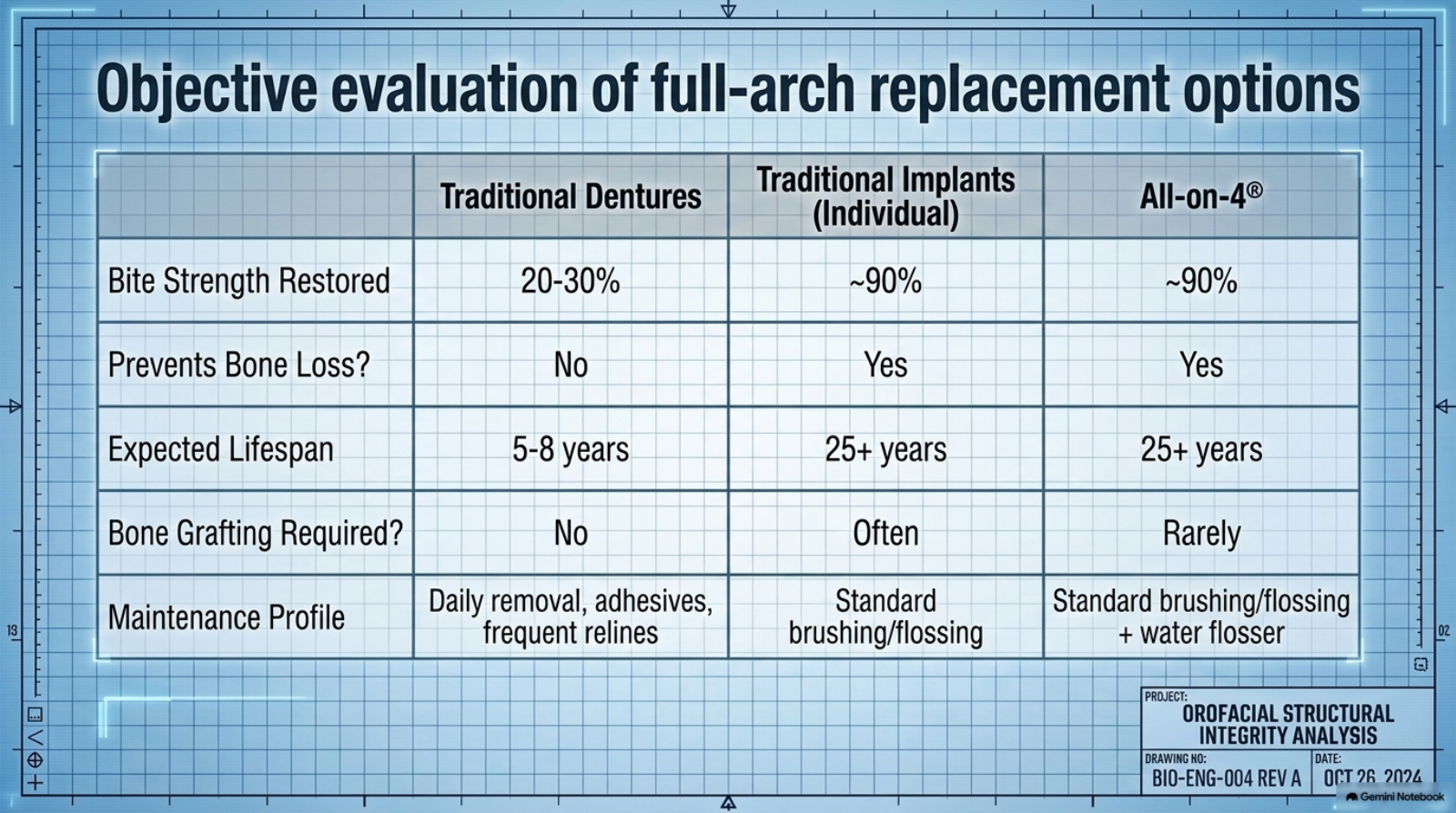 Slide 5: Objective comparison table of dentures, traditional implants, and All-on-4