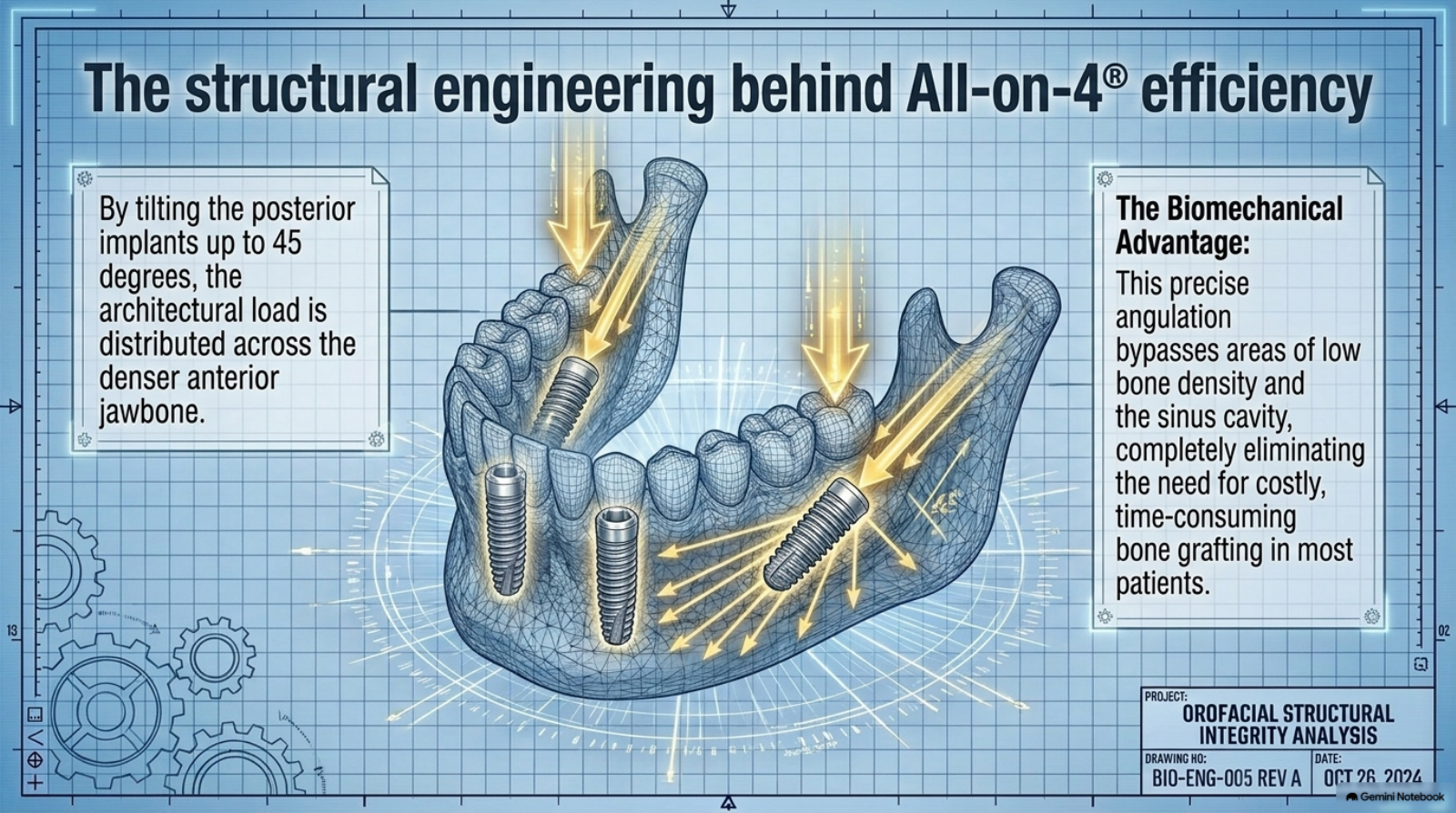 Slide 6: All-on-4 engineering — 45-degree tilt distributing load through dense anterior bone