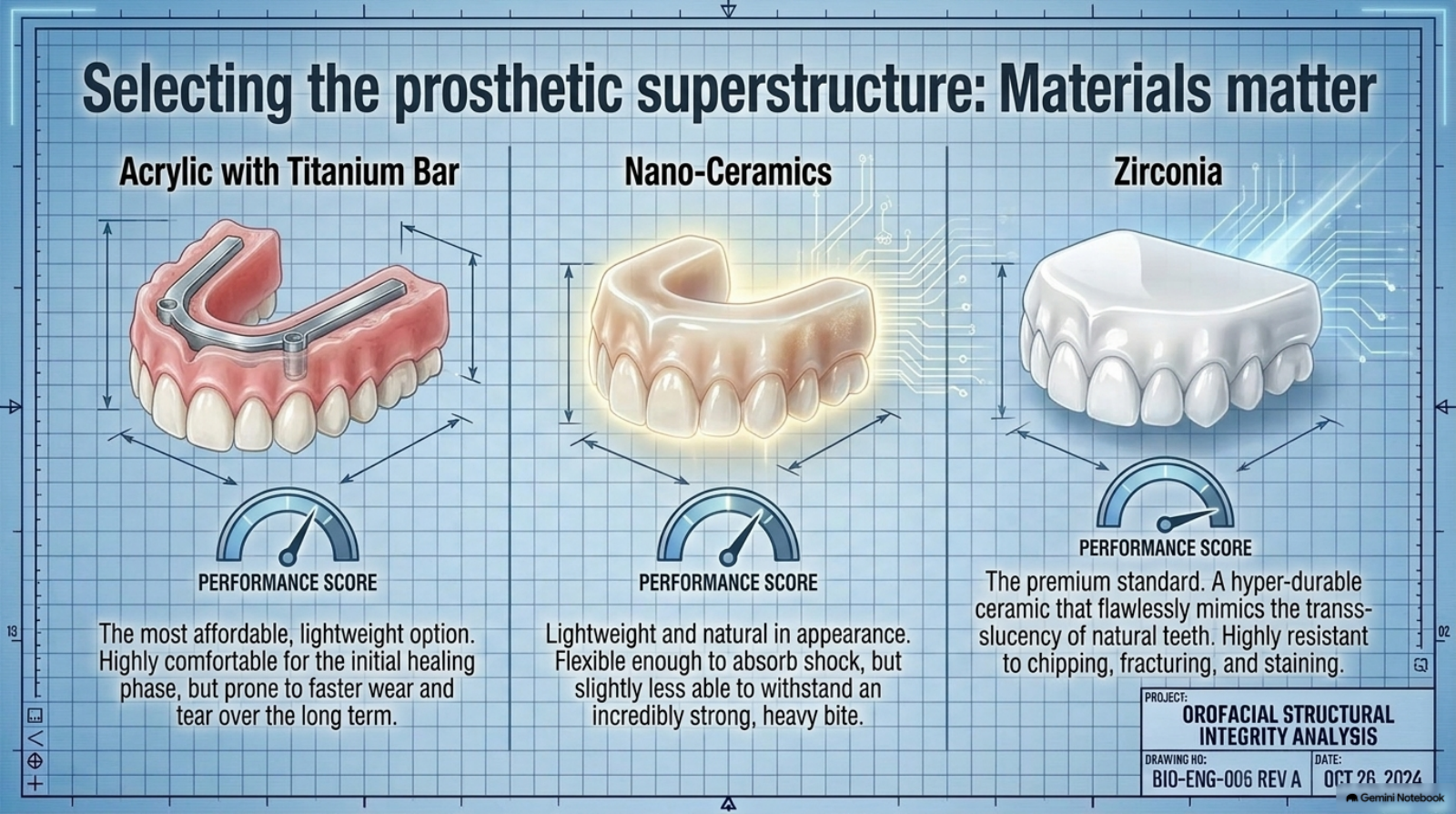Slide 7: Prosthetic superstructure materials — acrylic with titanium bar, nano-ceramics, zirconia
