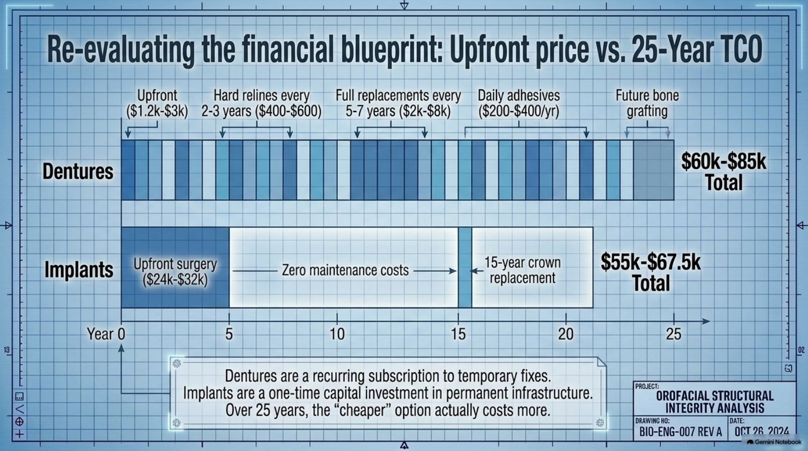 Slide 8: 25-year total cost of ownership — dentures vs implants