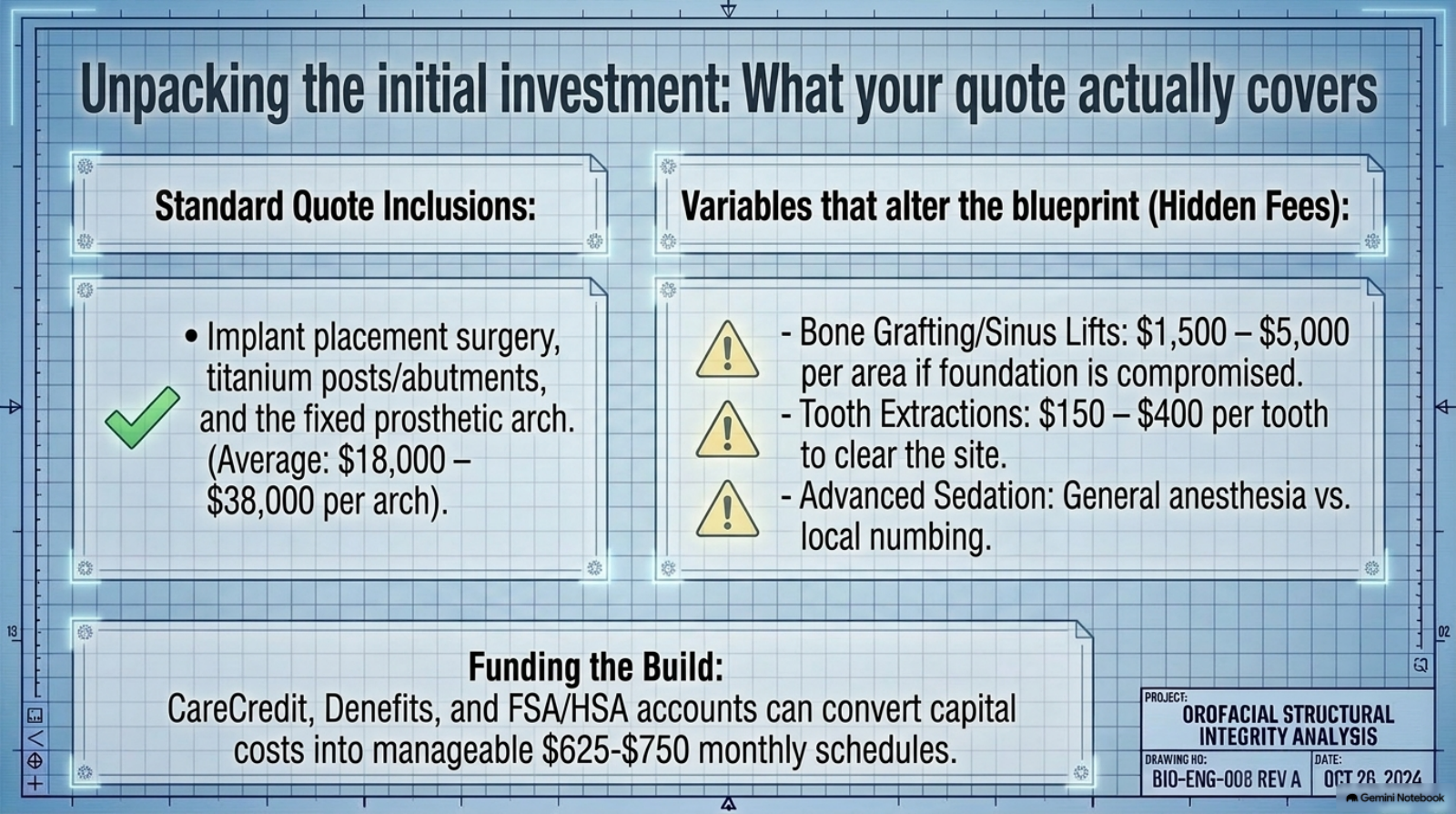 Slide 9: What an implant quote covers — inclusions, hidden fees, and financing