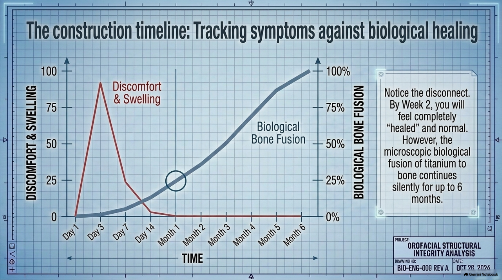 Slide 10: Recovery timeline — discomfort peaks day 3 while bone fusion continues 6 months