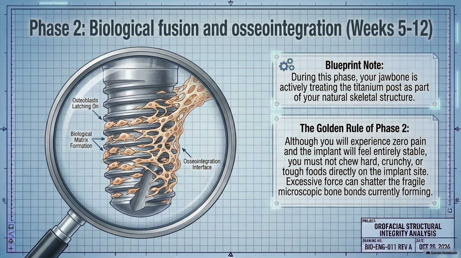 Slide 12: Phase 2 — osseointegration weeks 5-12, osteoblasts fusing with the titanium post
