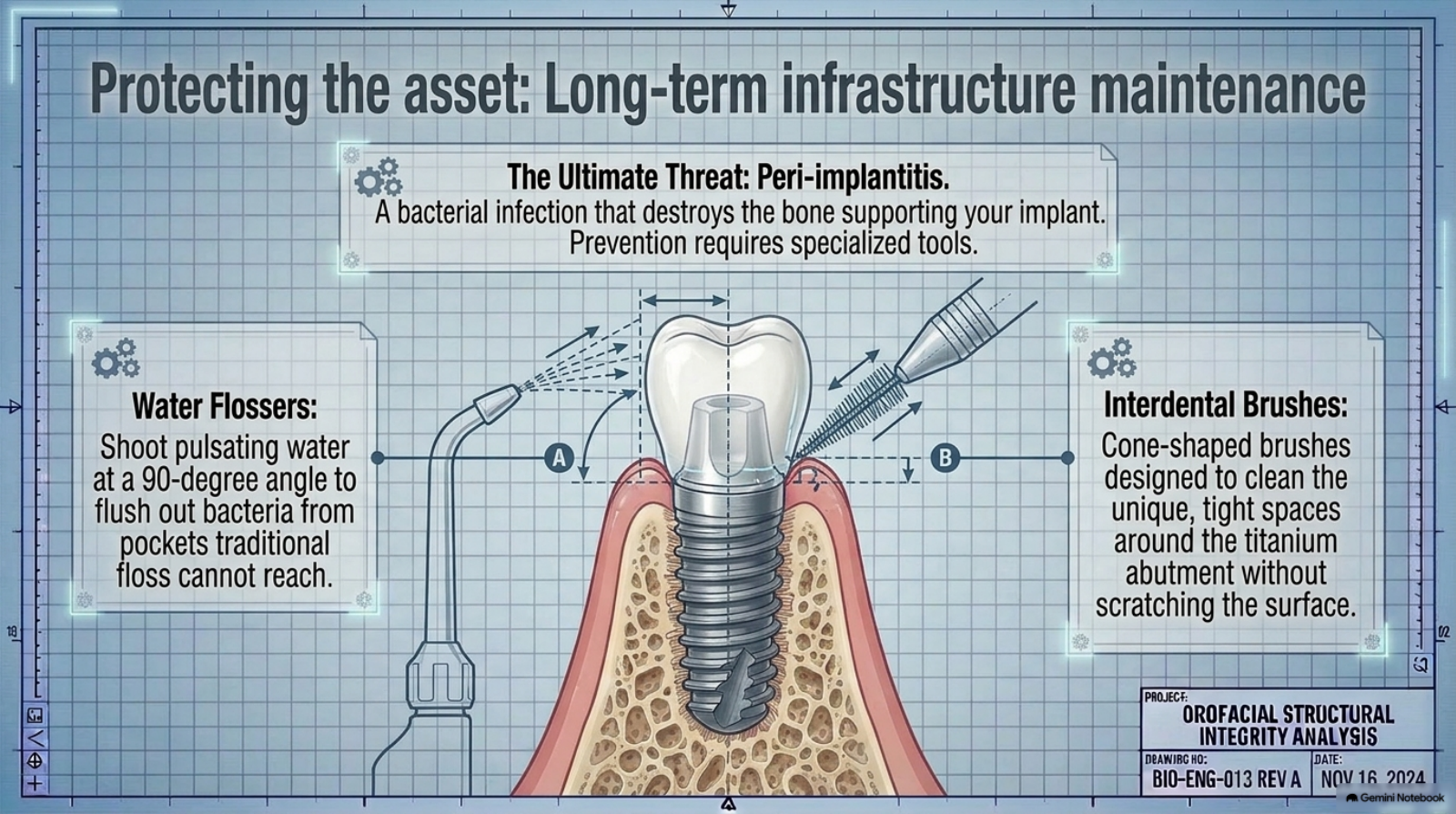 Slide 14: Long-term maintenance — water flossers and interdental brushes against peri-implantitis